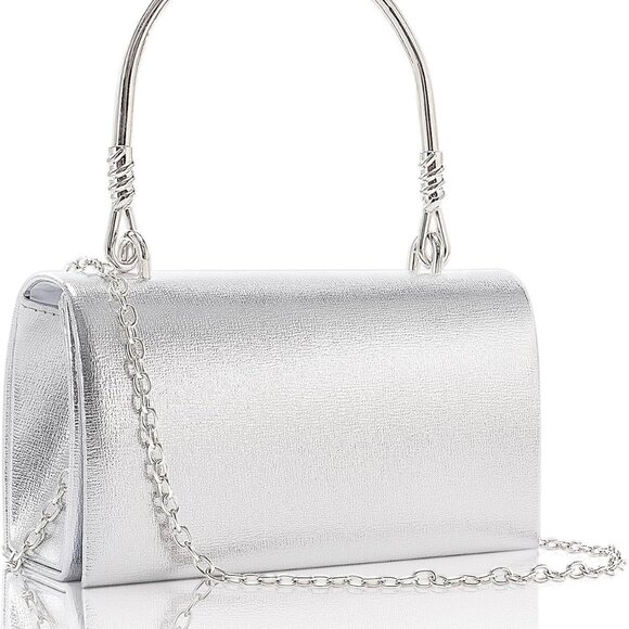 Clutch Purse Vegan Leather Silver Small Evening Bag with Chain Straps - Picture 1 of 7